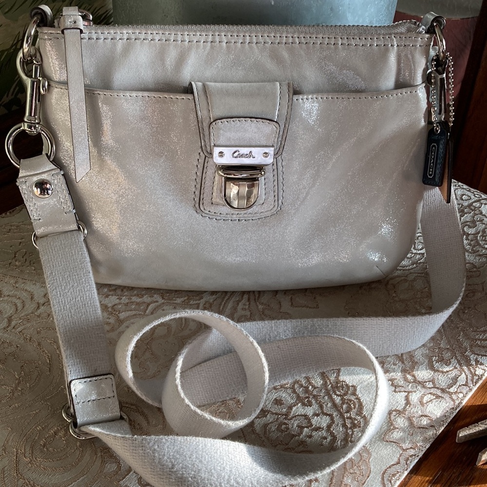 Coach EUC Lurex Silver & Shimmery White Crossbody Bag with satin Legacy lining.